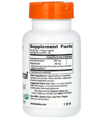 Trans-Resveratrol with Resvinol 200 mg (Транс-Ресвератрол 200 мг) 60 вег капс (Doctor's Best) фото 3
