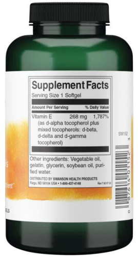 Vitamin E Mixed Tocopherols (витамин Е смешанные токоферолы) 400 МЕ 250 гелевых капсул (Swanson) фото 2