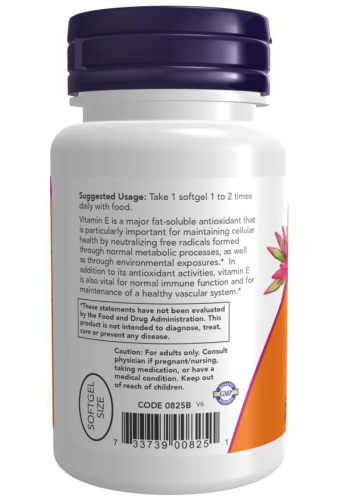 Vitamin E-200 (Витамин Е как ацетат d-альфа-токоферола) 100 мягких капсул (Now Foods) фото 2