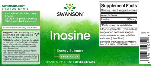 Inosine 500 mg срок 08.23 (Инозин 500 мг) 60 вег капсул (Swanson) фото 2