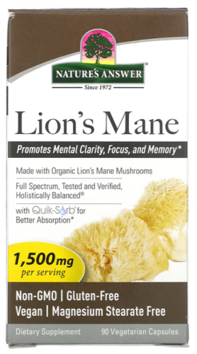 Lion's Mane 500 mg (Ежовик Гребенчатый 500 мг) 90 вегетарианских капсул (Nature's Answer)