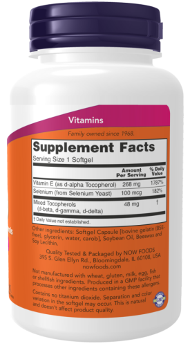 Vitamin E-400 d-alpha with Mixed Tocopherols plus Selenium (Витамин Е) 100 мягких капсул (Now Foods) фото 5