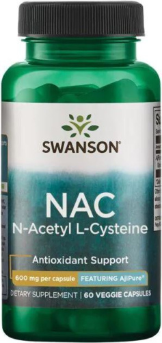 NAC N-Acetyl L-Cysteine AjiPure 600 mg (N-Ацетил L-Цистеин 600 мг) 60 вег. капсул (Swanson)