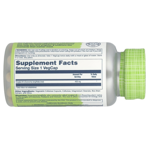 Tongkat Ali 400 mg (Эврикома Длиннолистная 400 мг) 60 капсул (Solaray)_ фото 2