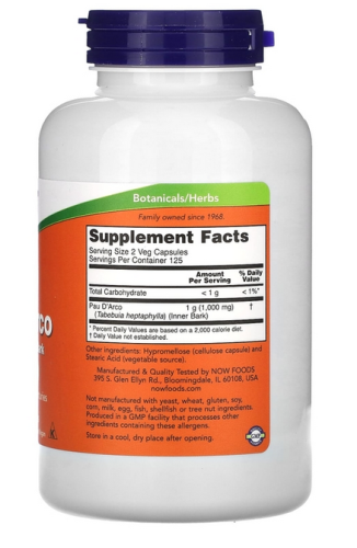 Pau D'Arco 500 мг (Кора муравьиного дерева) 250 капсул (Now Foods) фото 2
