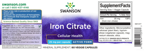 Iron Citrate 25 mg (Цитрат Железа 25 мг) 60 вег капсул (Swanson) фото 4