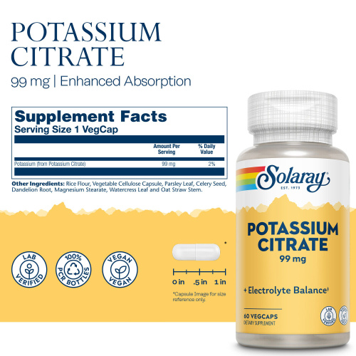 Potassium Citrate 99 mg (Калий Цитрат 99 мг) 60 вег капсул (Solaray) фото 4