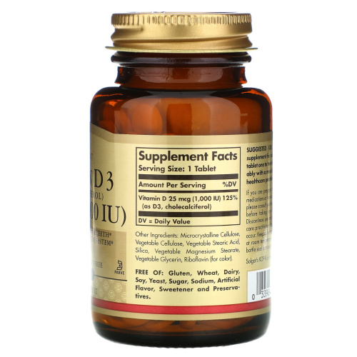 Vitamin D3 срок 08.2024 (Витамин Д3) 25 мкг (1000 IU) 90 таблеток (Solgar) фото 2