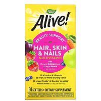 Alive! Hair, Skin & Nails Multivitamin (витамины для волос, кожи и ногтей) 60 капсул (Nature's Way)