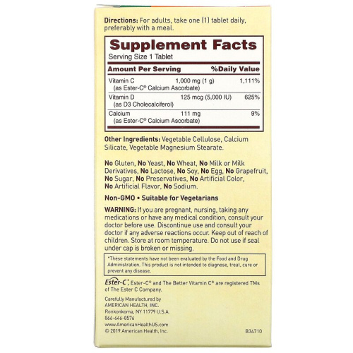 American Health Vitamin C Ester-C with D3 1000 мг/5000 МЕ 60 таблеток фото 2