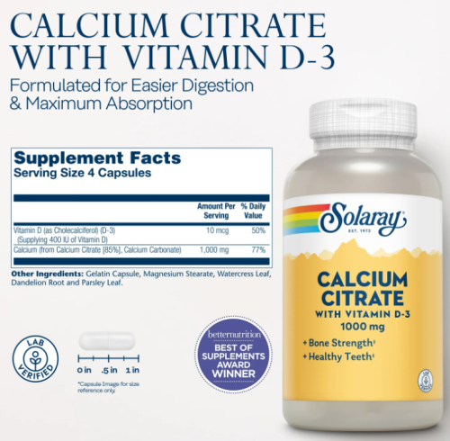 Calcium Citrate 1000 mg with Vitamin D-3 (Цитрат кальция 1000 мг) 90 капсул (Solaray) фото 2