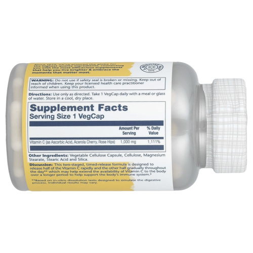 Vitamin C 1000 mg TR with Rose Hip & Acerola (Витамин C 1000 мг) 100 вег капсул (Solaray)_ фото 2