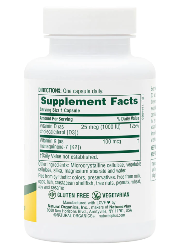 Vitamins D3 & K2 1000 IU (25 mcg) / 100 mcg 90 капсул (NaturesPlus) фото 3