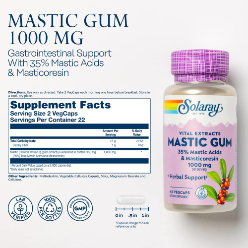 Mastic Gum 1000 mg (Мастиковая смола 1000 мг) 45 вег капсул (Solaray) фото 3