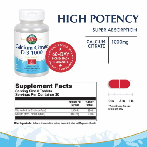 Calcium Citrate D-3 1000 мг 90 таблеток (KAL) фото 4