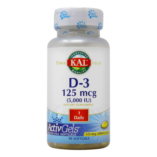 Vitamin D-3 125 mcg (5000 IU) ActivGels Видамин Д-3 125 мкг (5000 МЕ) 90 мягких капсул (KAL) фото 2