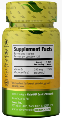 Vitamin D3 (Витамин D3) 250 мкг 10000 IU 120 капсул (Orzax) фото 2