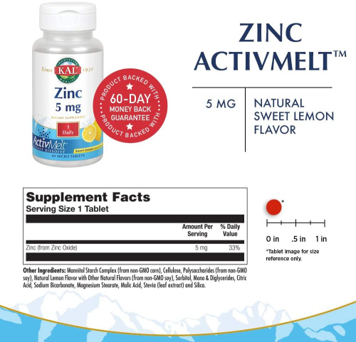 Zinc 5 mg (Цинк 5мг) 60 микротаблеток Сладкий лимон (KAL) Срок 09.22 фото 2
