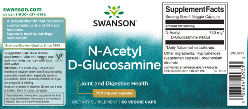 N-Acetyl D-Glucosamine 750 mg (N-A-G) N-ацетил D-глюкозамин 750 мг 60 вег капсул (Swanson) фото 3