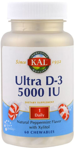 Vitamin D-3 125 mcg (5000 IU) Витамин Д-3 125 мкг (5000 МЕ) 60 жевательных таблеток (KAL) фото 2