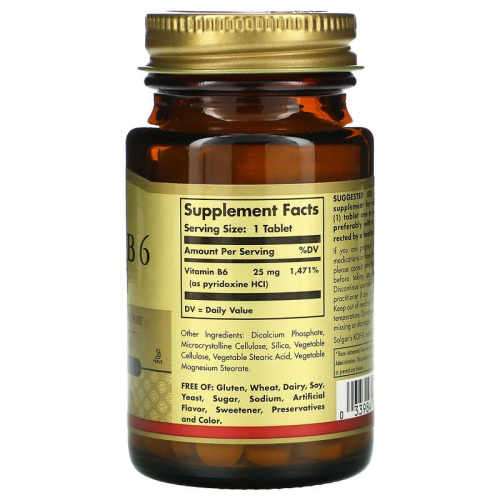 Vitamin B-6 Piridoxine HCI 25 мг (Витамин Б-6 Пиридоксин гидрохлорид) 100 таблеток (Solgar) фото 2